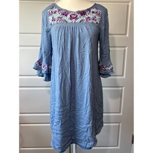 Blue Rain Embroidered Dress Bell Sleeve Bohemian Mini Dress Size‎ S